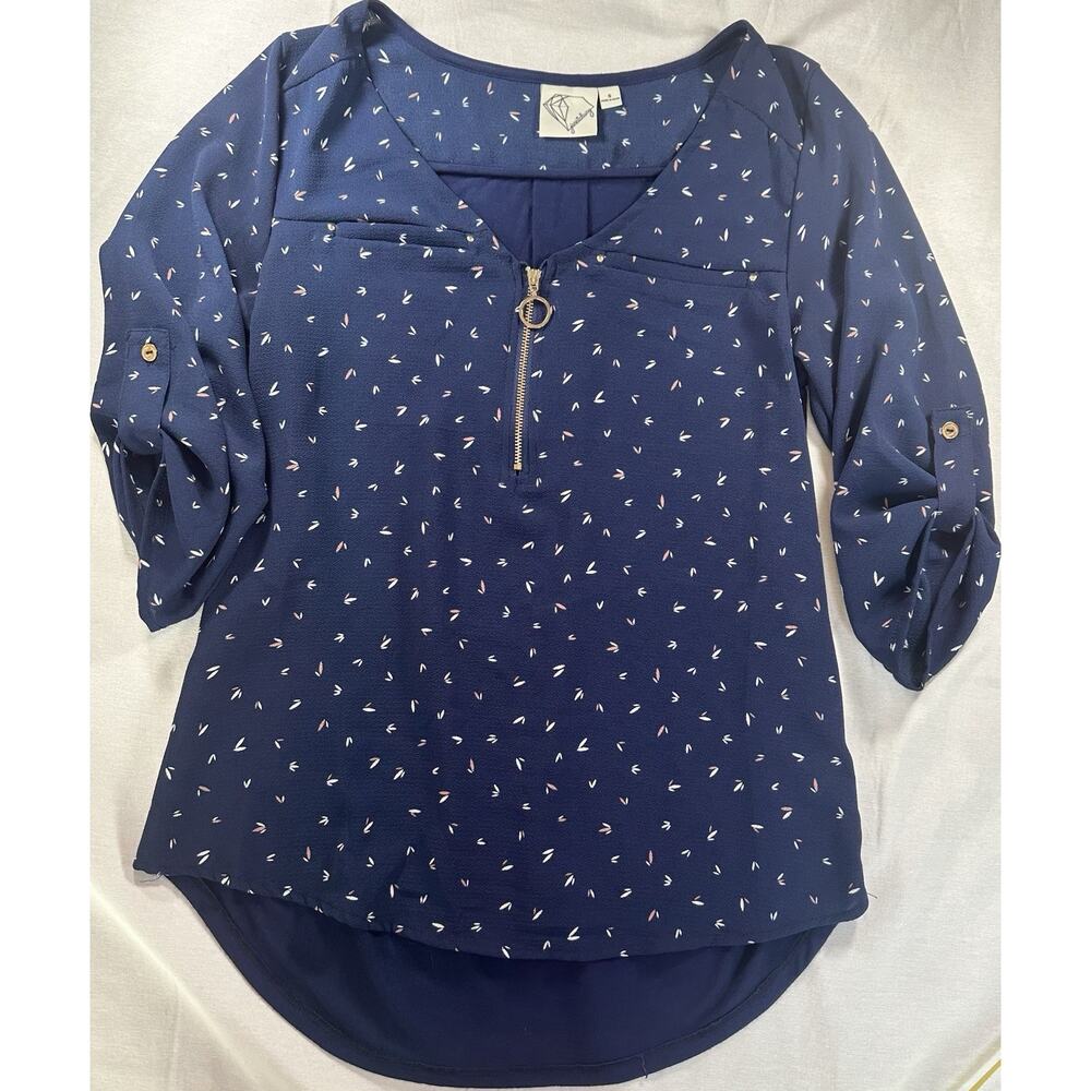 Janet Chung 3/4 Sleeve Quarter Zip V Neck Blouse Womens Size Small‎ Navy